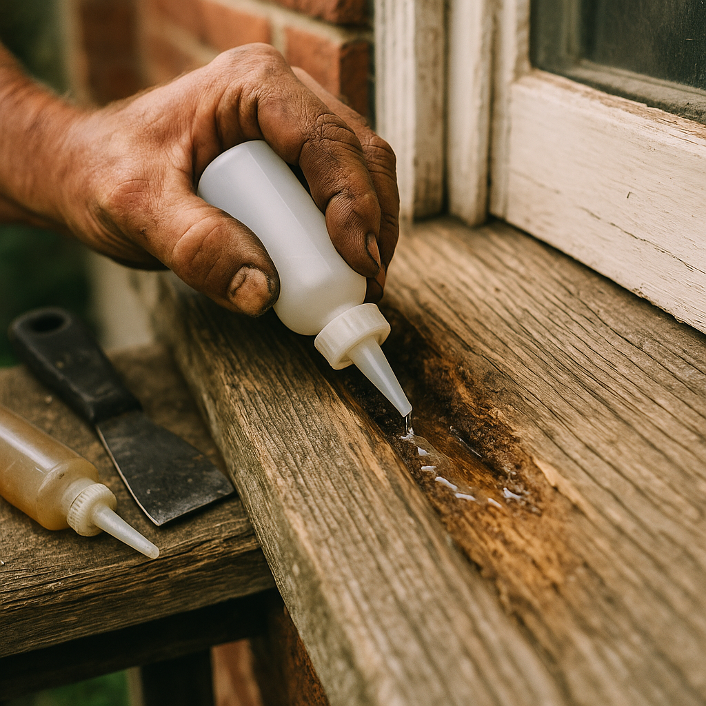 Wood rot repair specialist applying epoxy consolidant to a weathered window sill, St. Louis