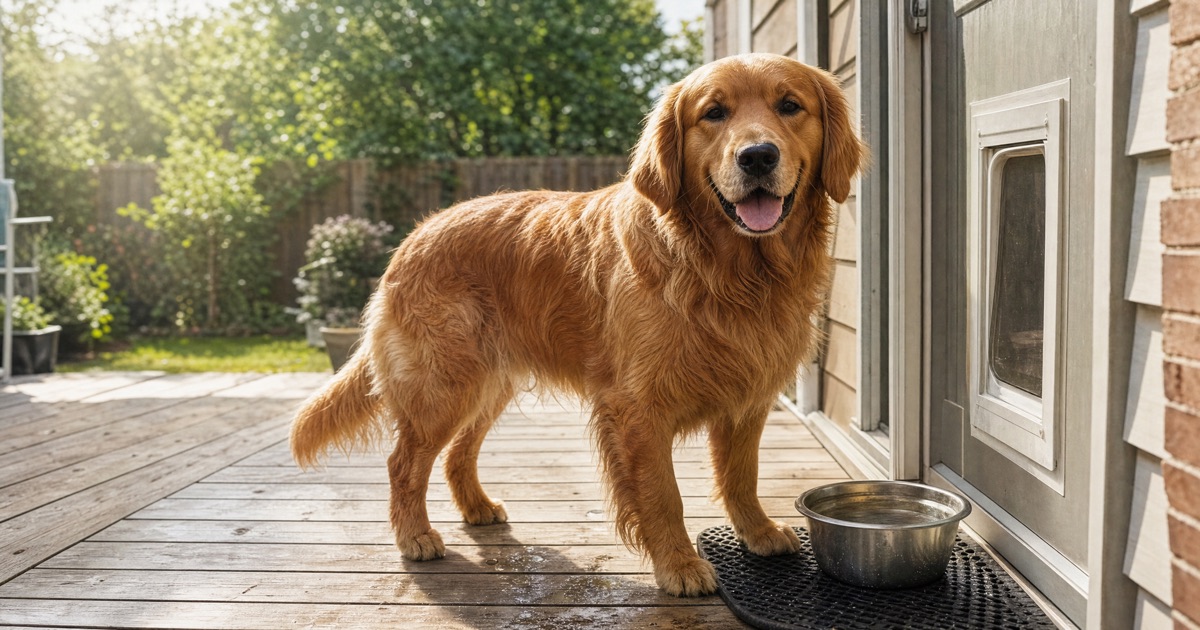 Golden retriever standing on a humid St. Louis backyard deck near a water bowl on a rubber mat, illustrating a high-risk wood rot zone