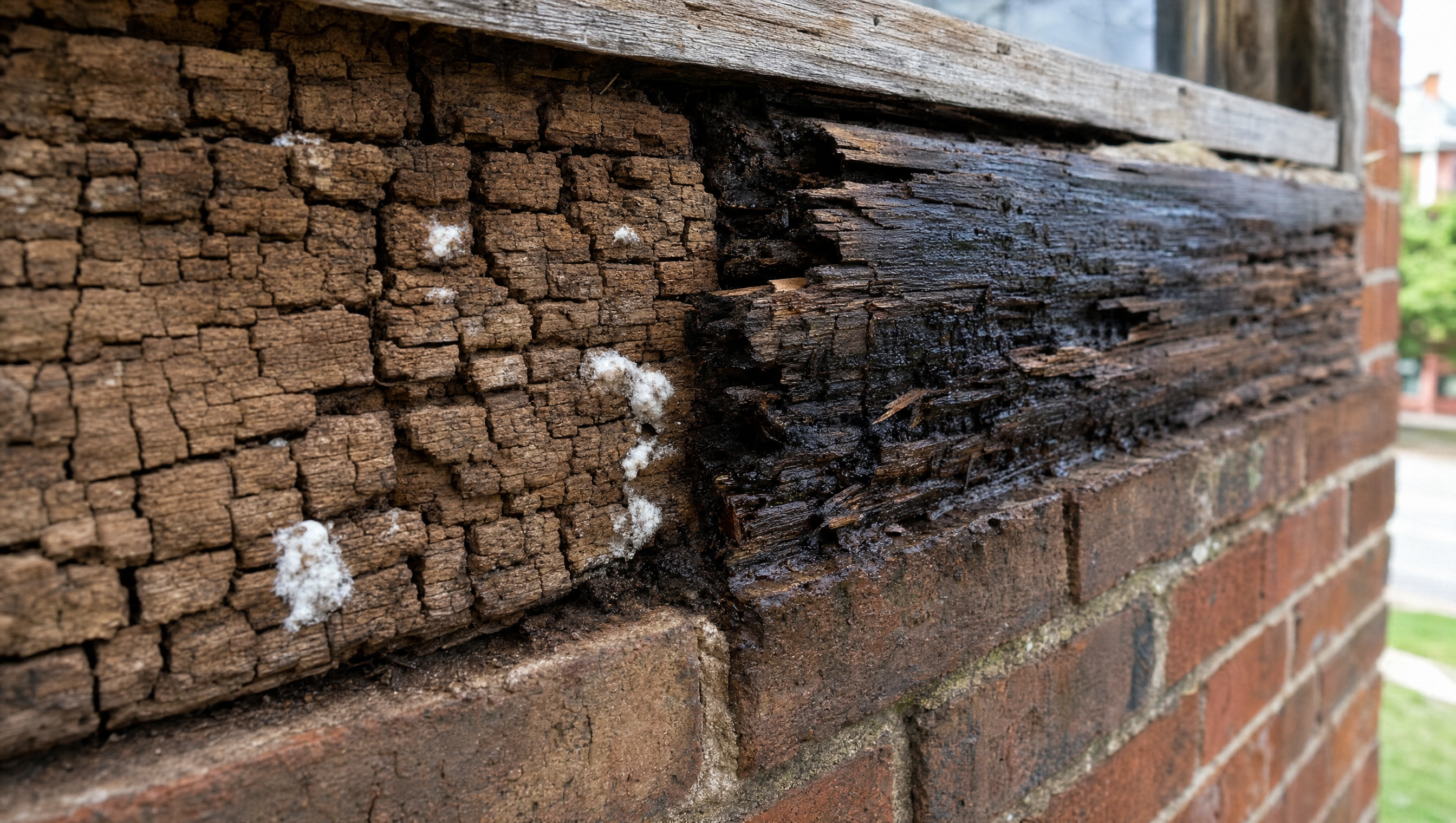 Dry rot cuboid cracking with white mycelium vs wet rot dark staining on exterior wood of a St. Louis home
