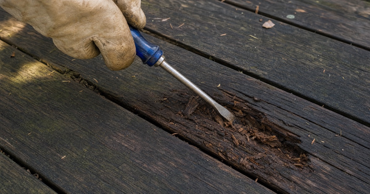 Gloved hand pressing a flathead screwdriver into a section of dark, soft, water-damaged exterior wood decking
