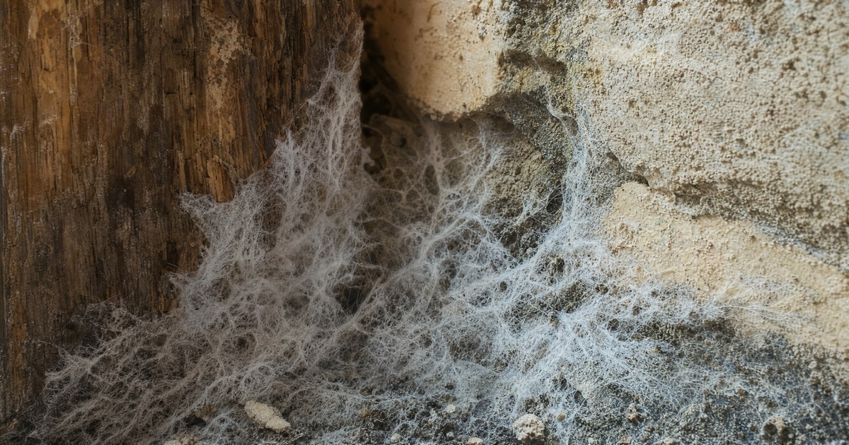 Grey-white fungal strands spreading across old timber and a masonry wall surface