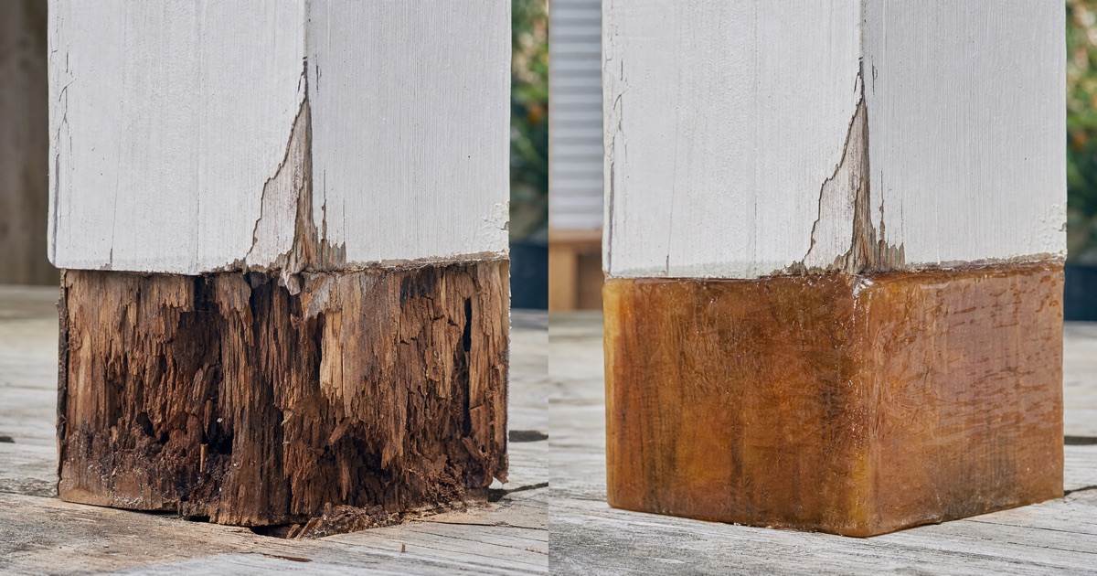 Side by side comparison of a fully rotted wood corner post next to a newly epoxy-repaired matching wood post