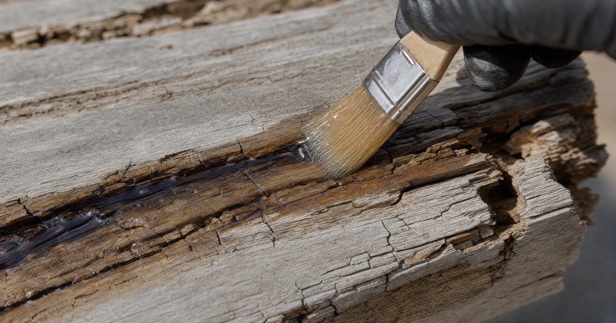 Liquid epoxy wood consolidant being brushed into cracked, deteriorated exterior wood grain