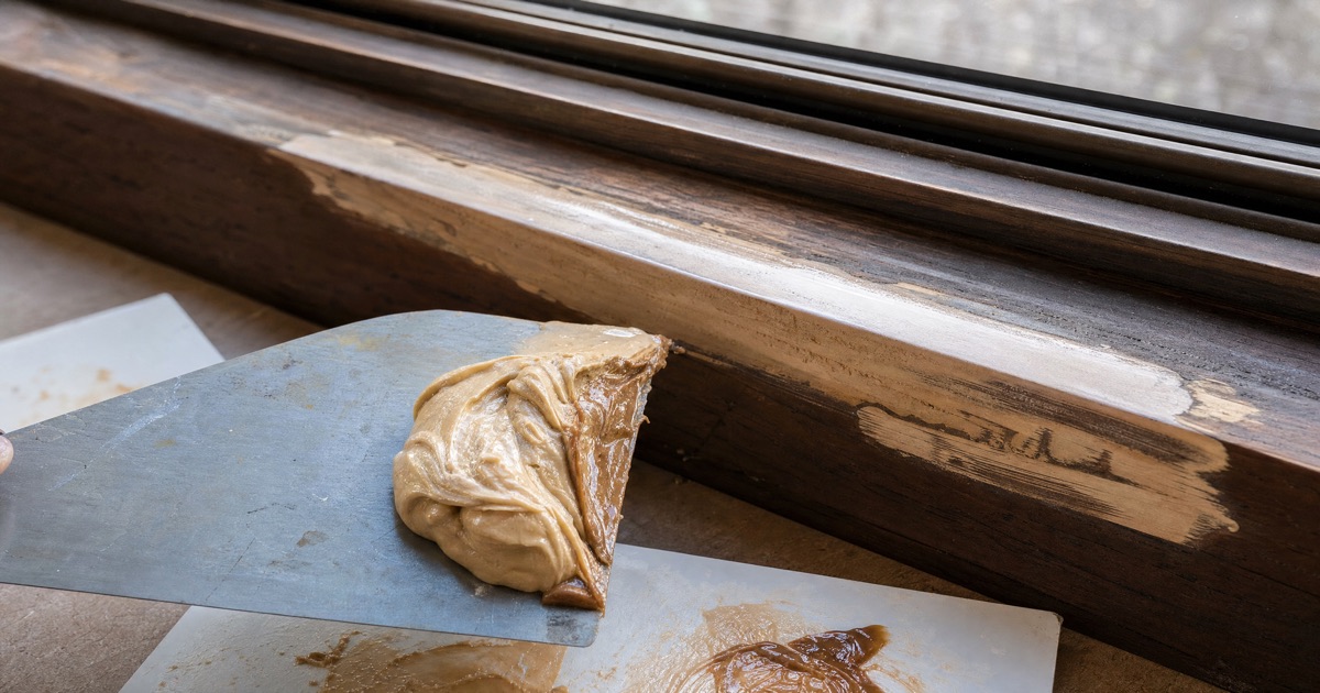 Two-part epoxy wood filler being mixed on a putty knife next to a partially repaired wood windowsill