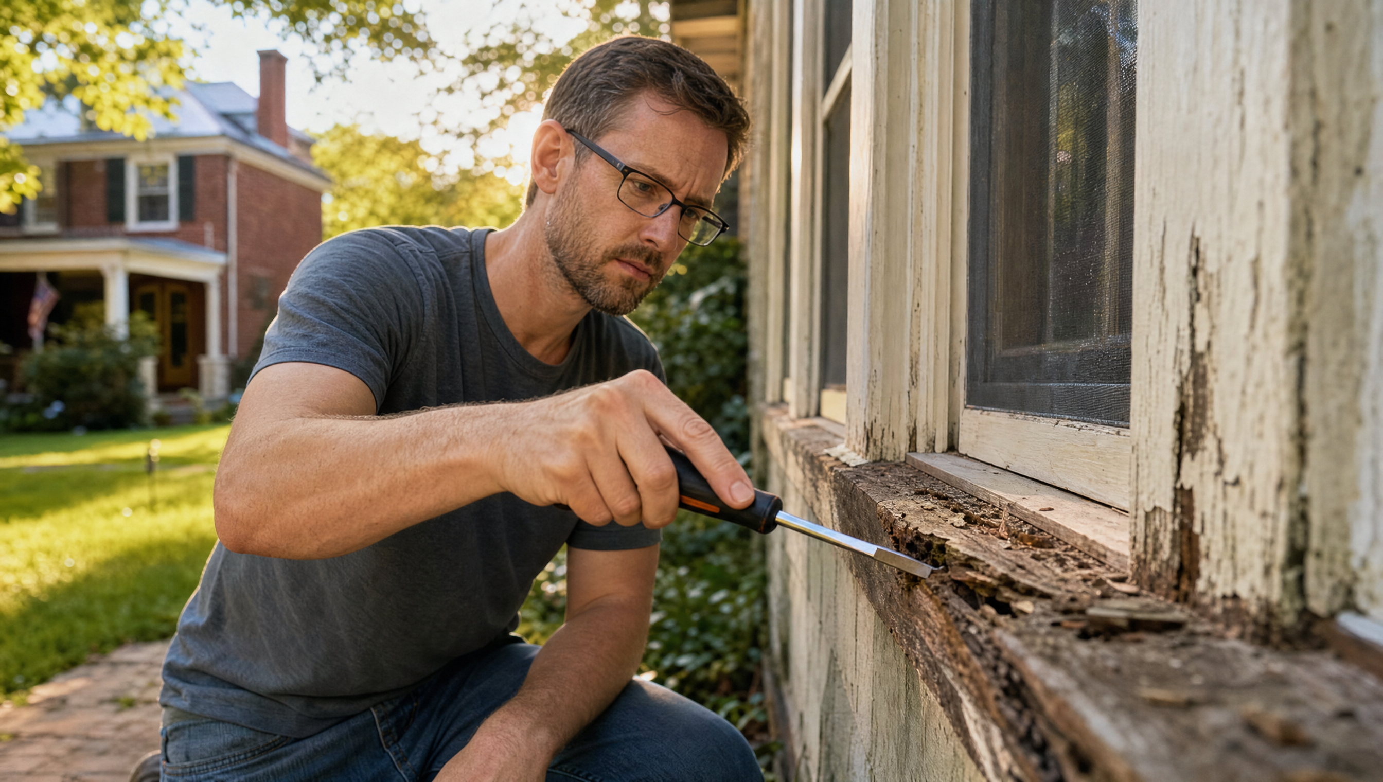 St. Louis homeowner using screwdriver test on rotted window sill of a Craftsman-style home to determine repair vs replacement