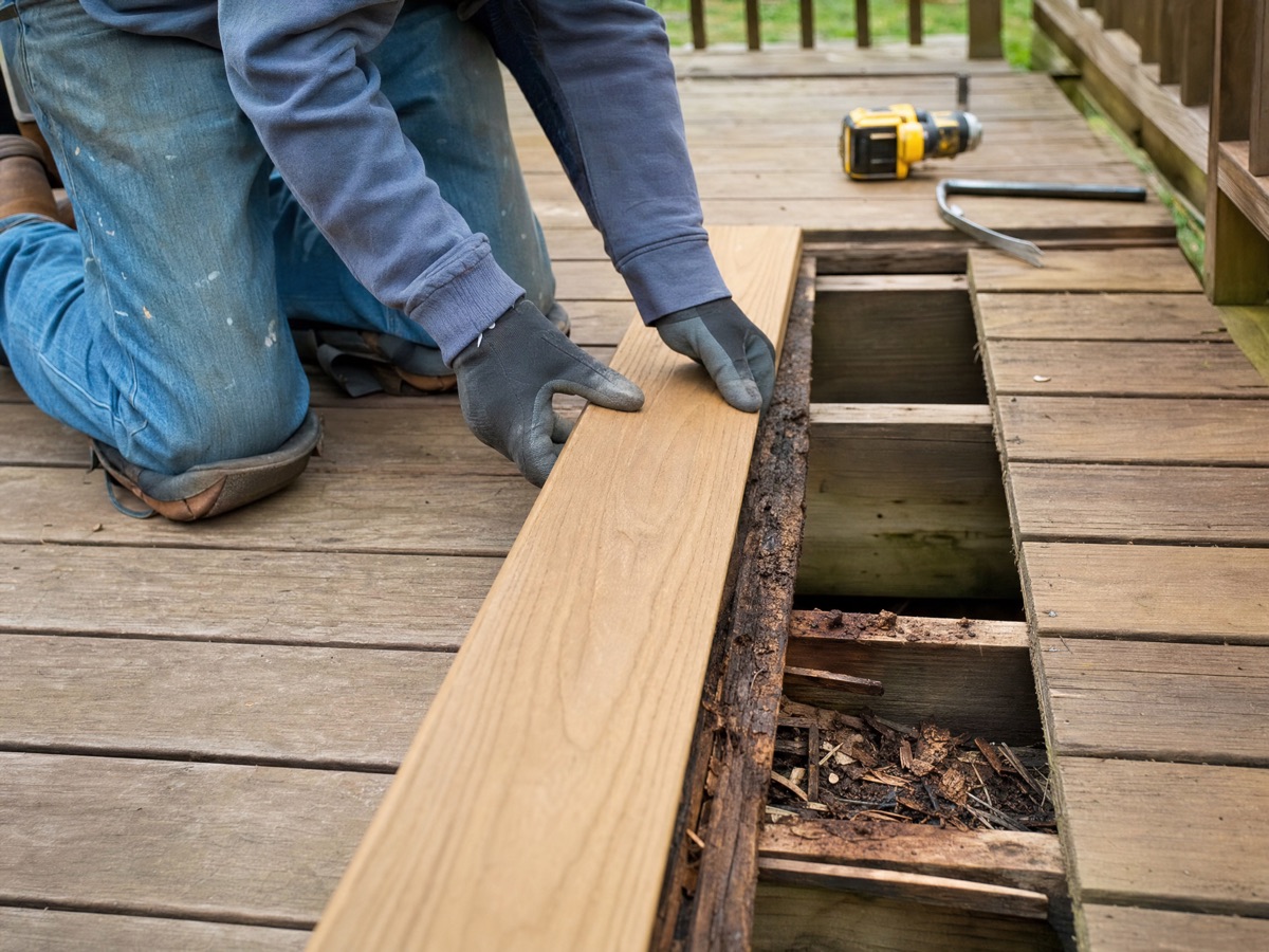 Carpenter replacing a rotted deck board with a new matching board