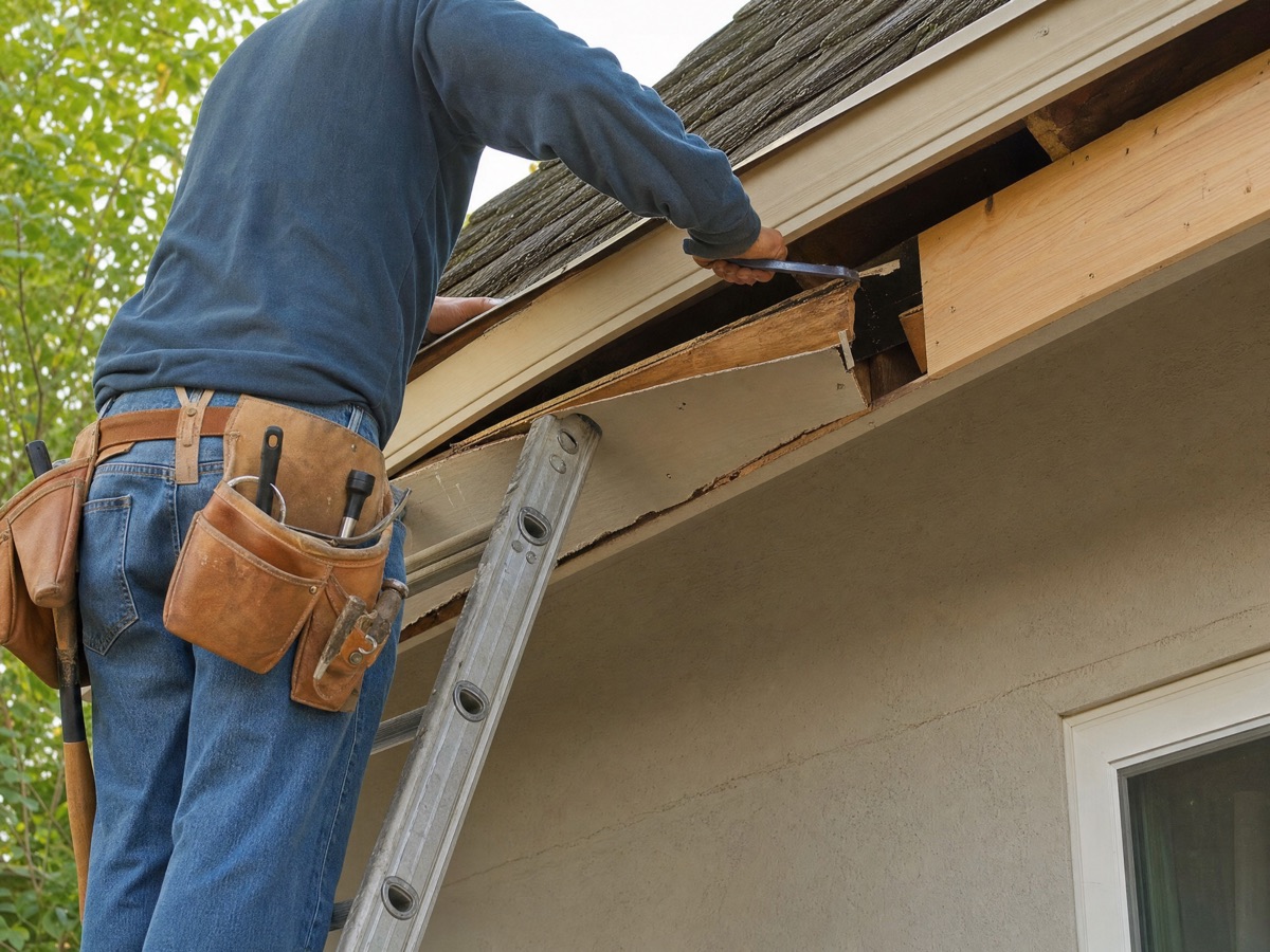 Specialist repairing rotted soffit and fascia at the gutter line of a St. Louis home